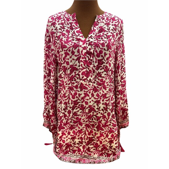 Soft‎ Surroundings Womens Small Boho Tunic 100% Rayon Pink White V-Neck Tassels - Picture 1 of 12